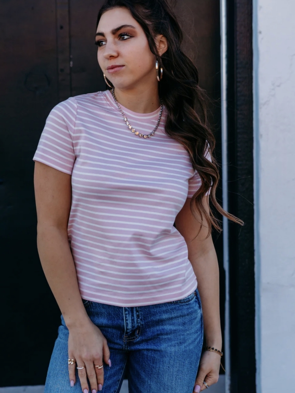 NWT Spanx Cotton Crewneck Tee Pink Stripe